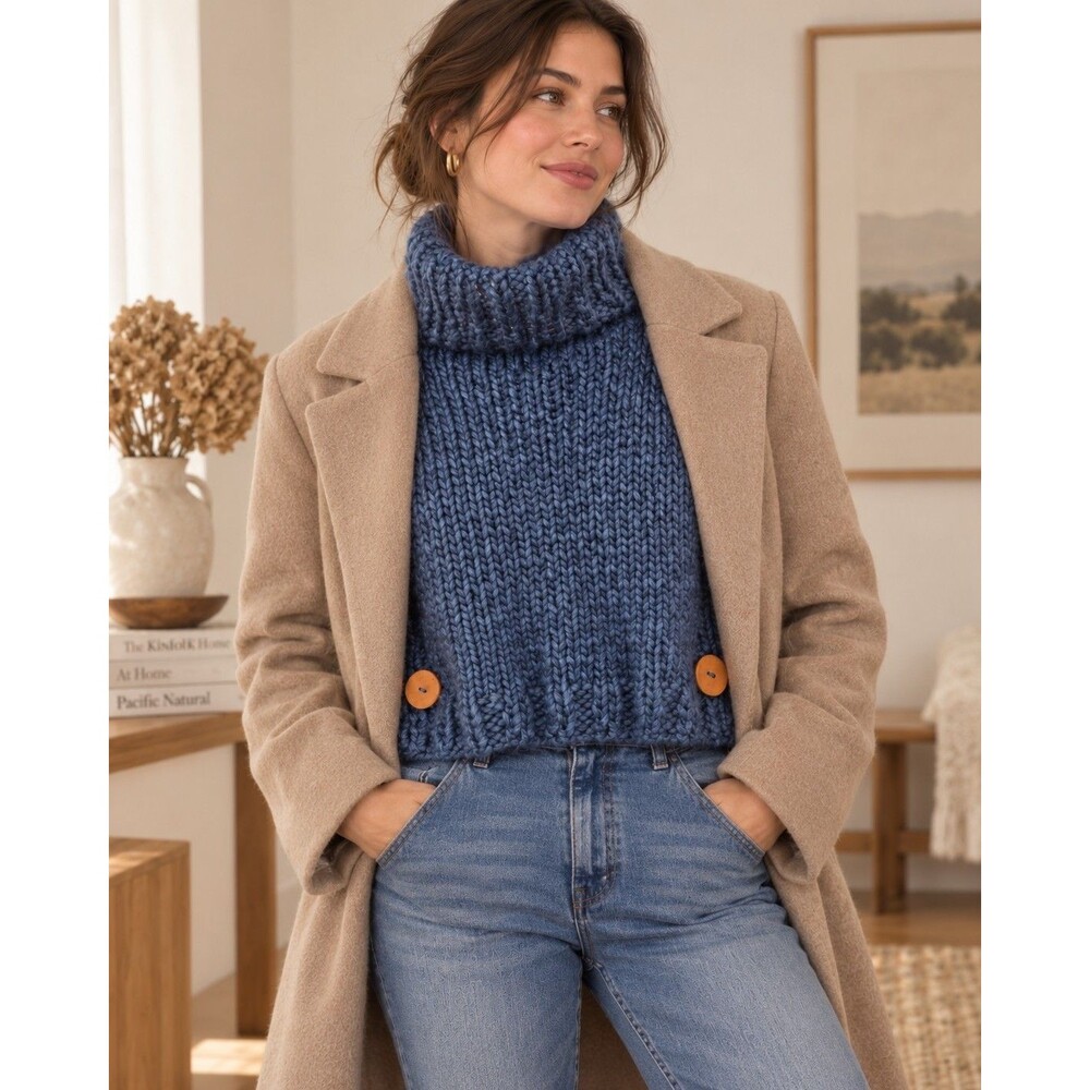 Handmade Chunky Knit Cowl Capelet Blue Apres Ski Nordic Hygge Layering Vest Sz S